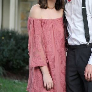Off the shoulder embroidered mesh mini dress